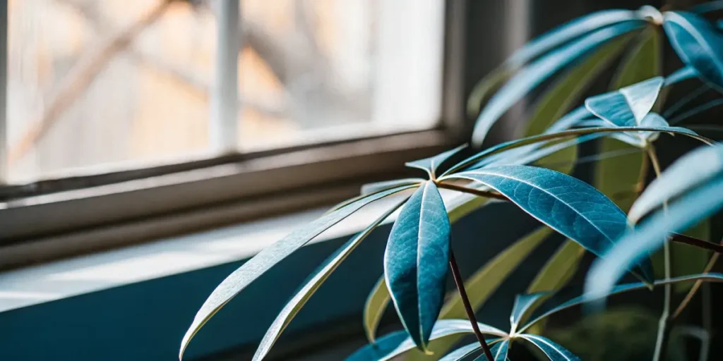 Macro shot of houseplant leaves under natural light showing blue tones.