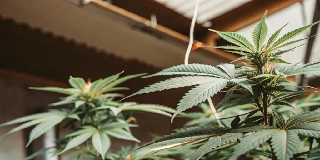 Indoor cannabis plant with lush green leaves and developing buds.