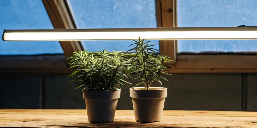 Two potted plants placed under a bright LED grow light inside a greenhouse.