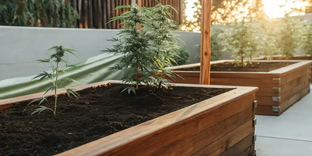 Plantes de cannabis cultivées dans des bacs en bois dans un jardin extérieur