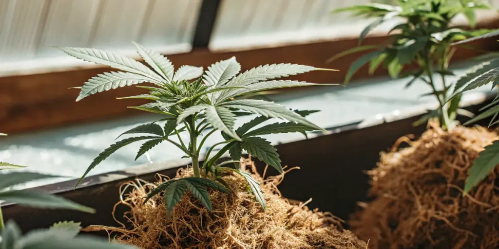 Jeune plant de cannabis sain poussant dans une serre ensoleillée, entouré de substrat naturel.