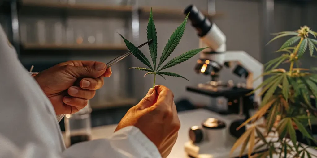 scientifique analysant une feuille de cannabis avec un microscope en laboratoire