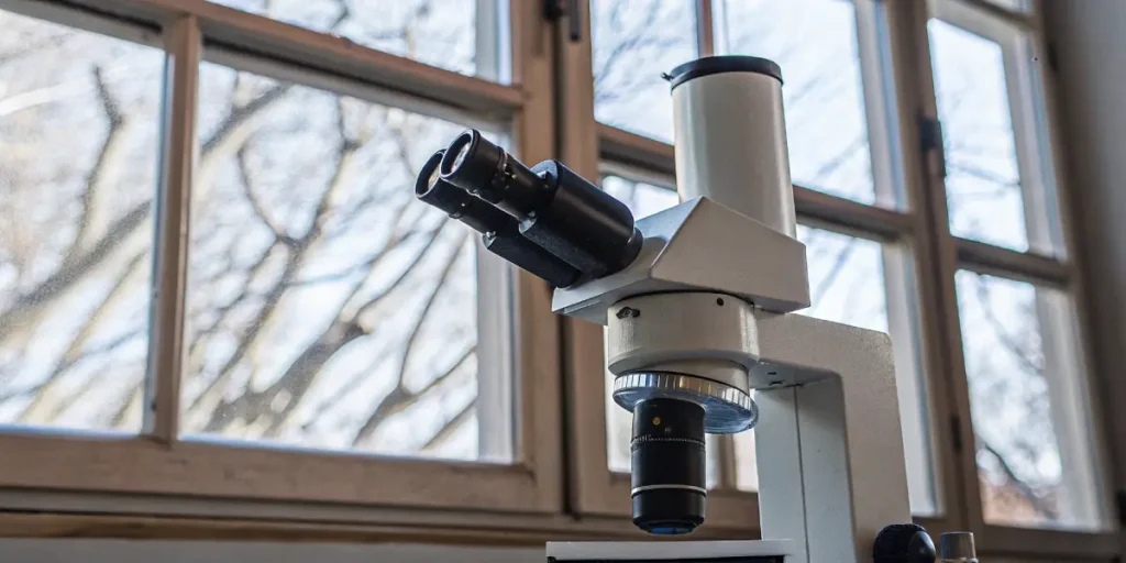 Microscope de laboratoire placé près d’une fenêtre avec lumière du jour.