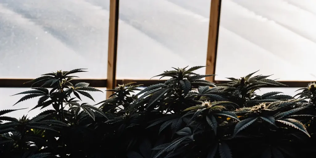 Close-up of lush cannabis plants growing inside a greenhouse under soft natural light.