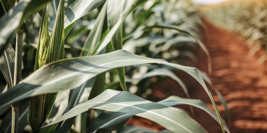 Close-up view of a lush cornfield with green leaves under summer sunlight.