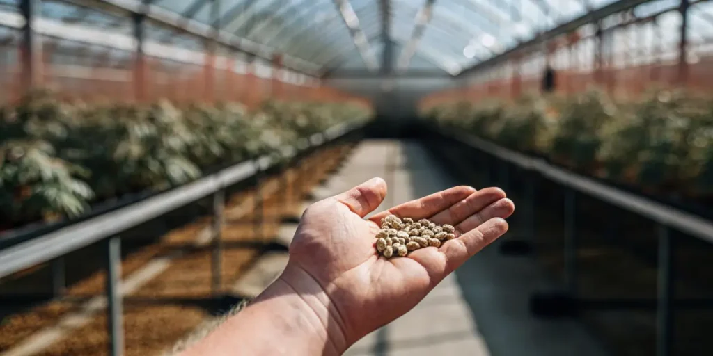 Main présentant des graines de cannabis dans une grande serre éclairée.