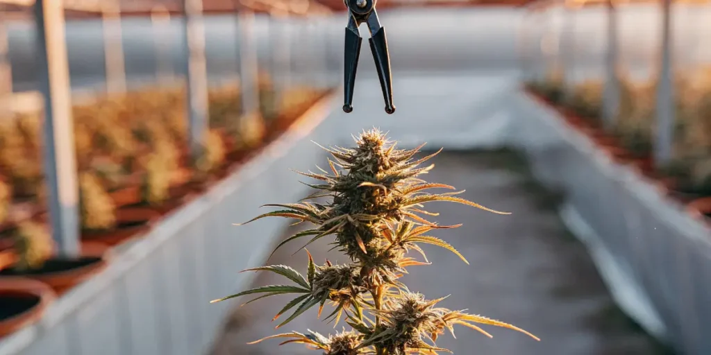 Outdoor cannabis garden at dawn with rows of mature plants.