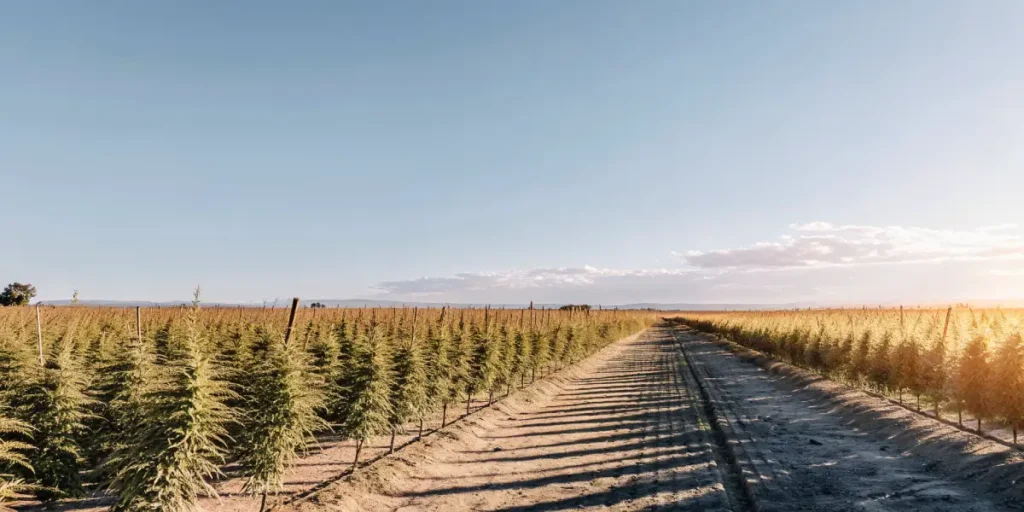 Wide view of an outdoor cannabis plantation at sunset with rows of plants.
