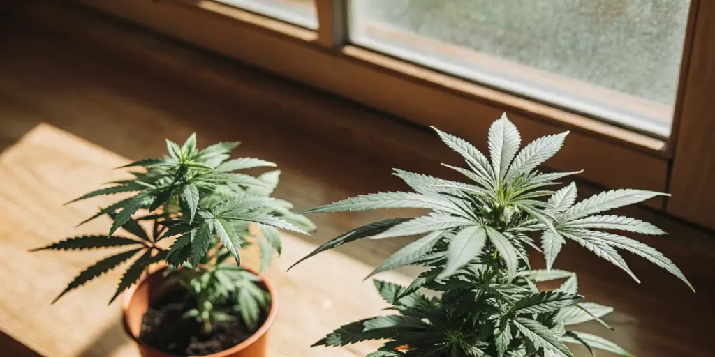Pair of potted cannabis plants growing indoors beside a window.