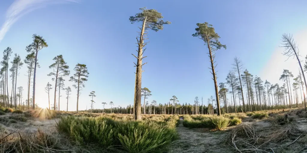Panoramic view of a dense forest at sunrise with tall trees and clear blue sky.