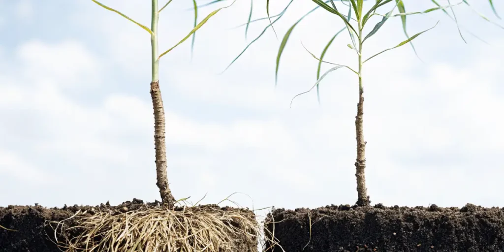 Comparison of two young plants showing root development in soil.