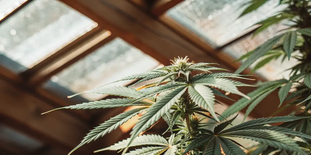 bourgeon de cannabis en développement dans une serre éclairée