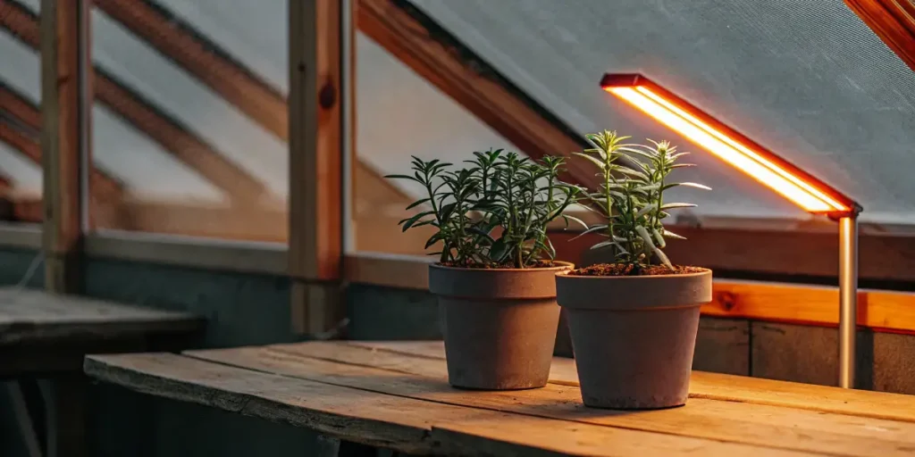Two potted plants growing indoors under a warm LED grow light on a wooden table.