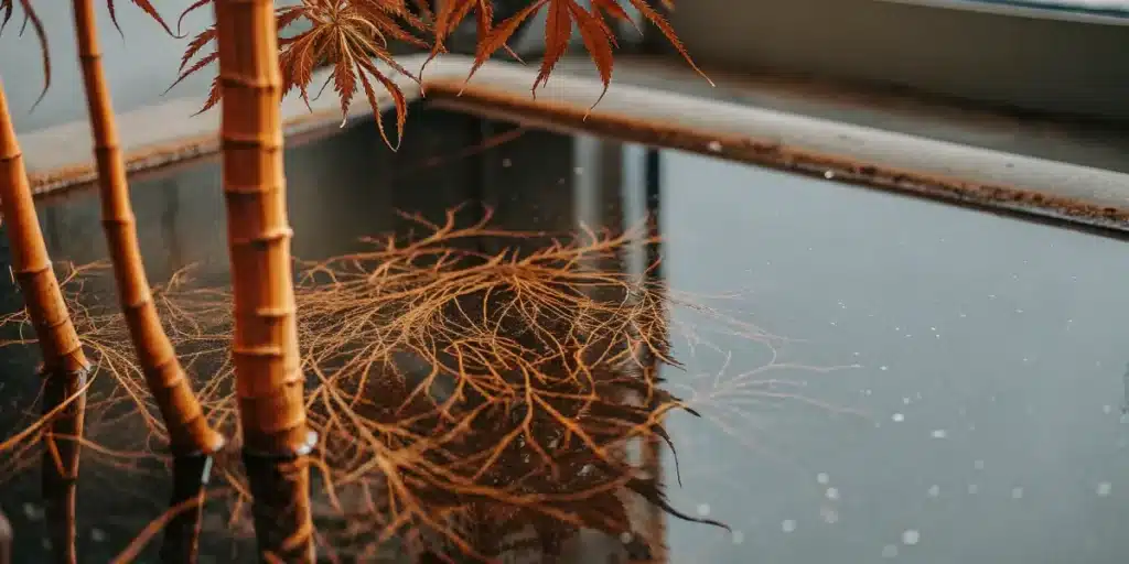 Racines fines de cannabis en culture hydroponique plongées dans l’eau.