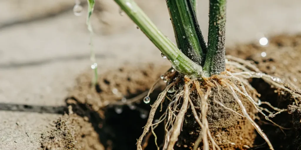 Racines d’une jeune plante de cannabis arrosée avec des gouttes d’eau