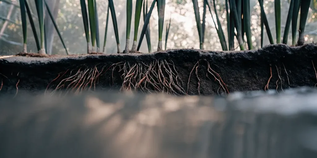 Racines de plantes visibles sous le sol forestier sombre et fertile.