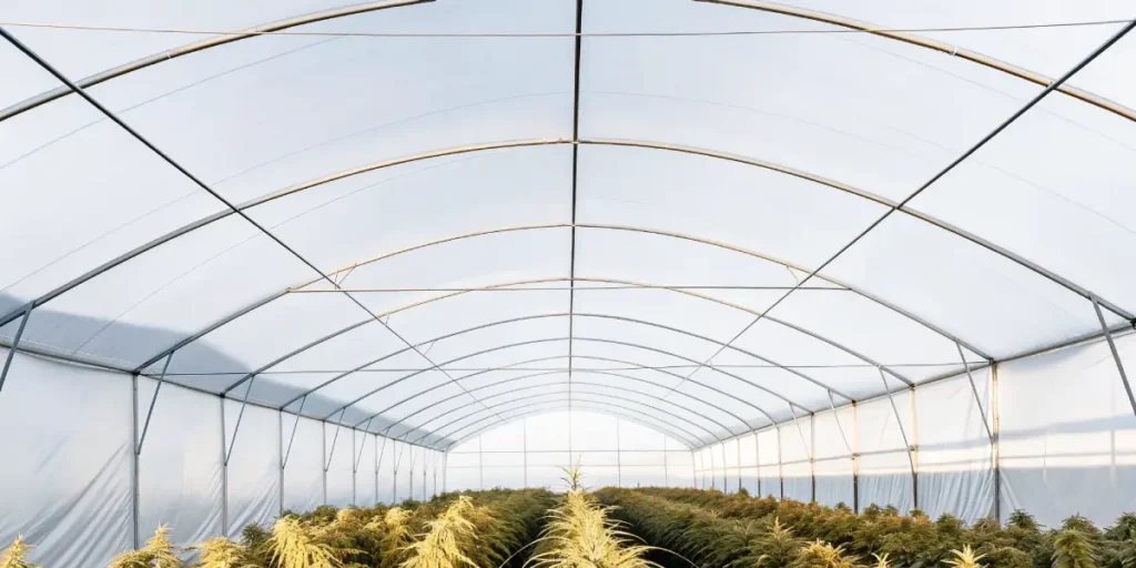 Grande serre ensoleillée remplie de rangées de plantes de cannabis luxuriantes.