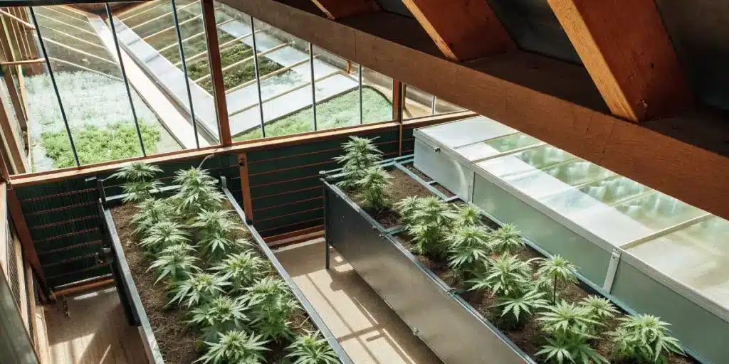 Vue aérienne d'une serre moderne avec des rangées de plants de cannabis en croissance.