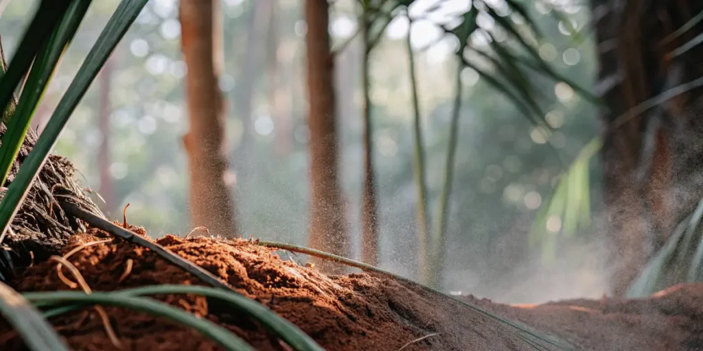 Sol rouge forestier humide avec lumière naturelle, propice au cannabis.