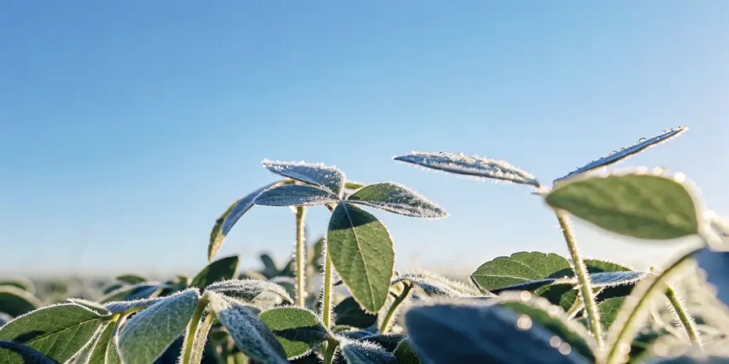 Close-up of a soybean plant covered with morning frost under clear blue sky.