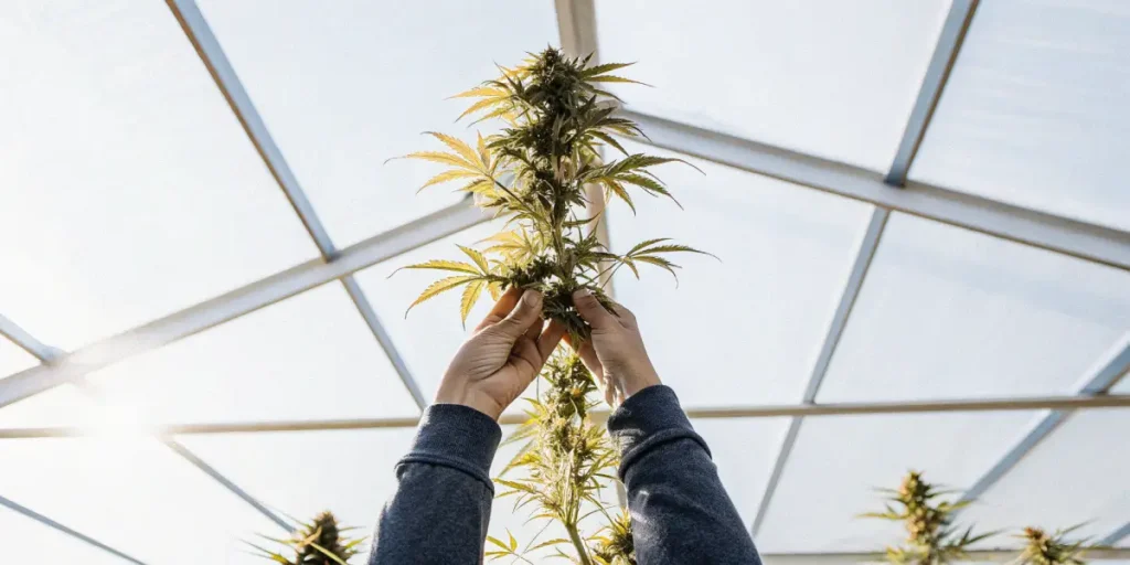 Hands lifting a tall cannabis plant inside a greenhouse.