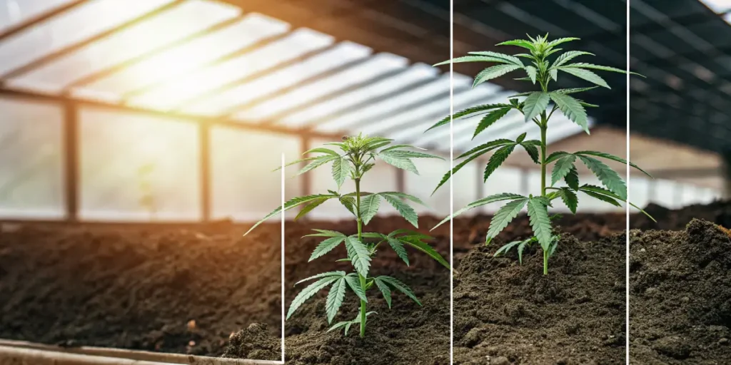 Time-lapse sequence showing cannabis plant growth stages in a greenhouse.