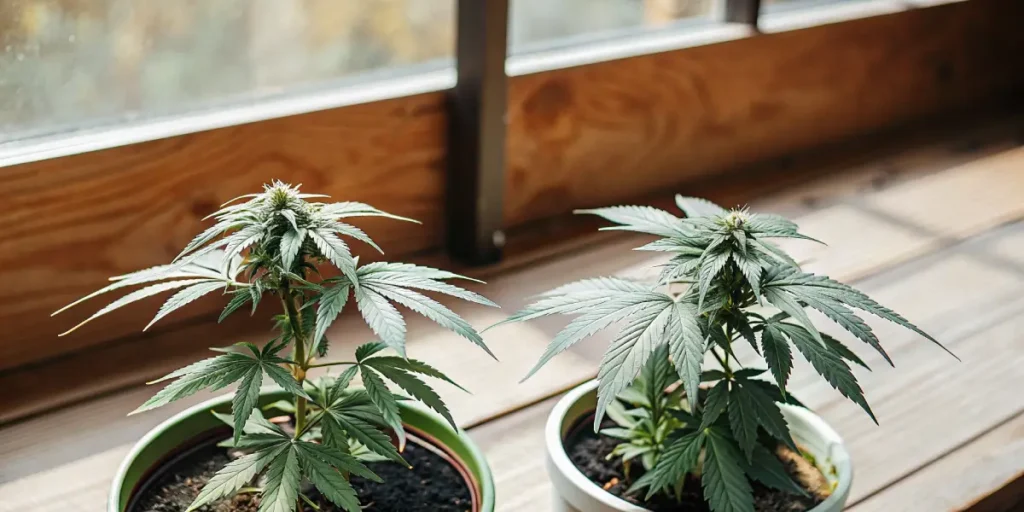 Two indoor cannabis plants in small pots placed near a sunny window.