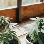 Two indoor cannabis plants in small pots placed near a sunny window.