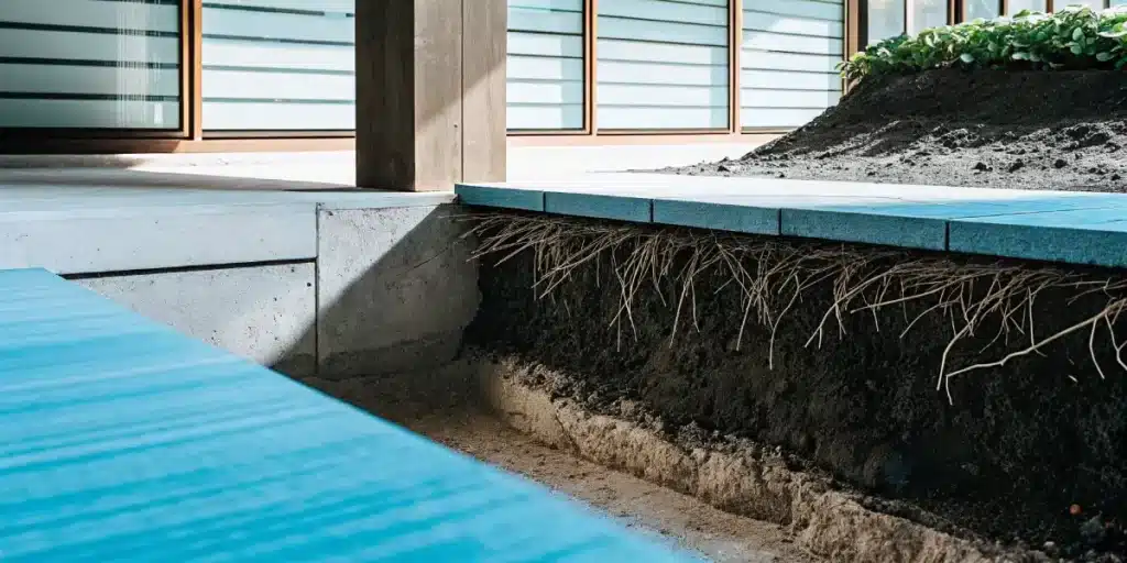 Cross-sectional underground view showing plant roots beneath a garden bed.