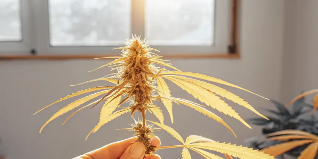 Yellow cannabis bud held under warm indoor sunlight.