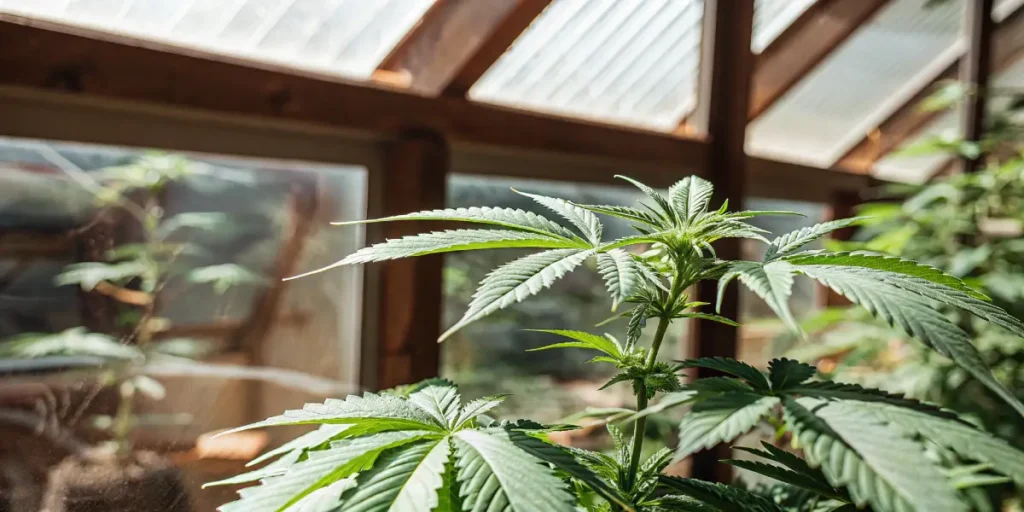 Jeune plante de cannabis en serre avec des feuilles vertes saines.