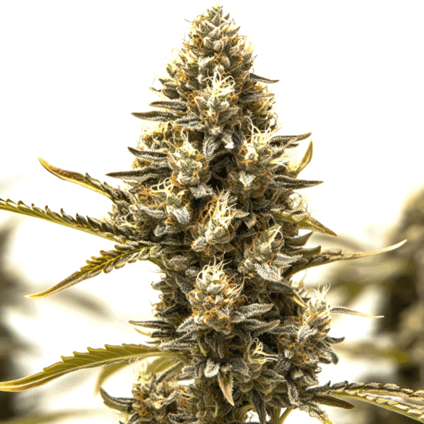 Auto Blue Mazar cannabis bud with dense trichomes and orange pistils against a white background.