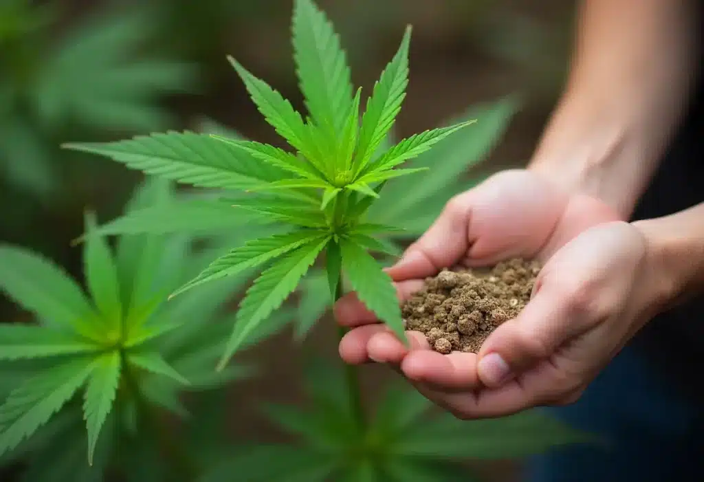 Early Skunk cannabis plant with organic soil in hand