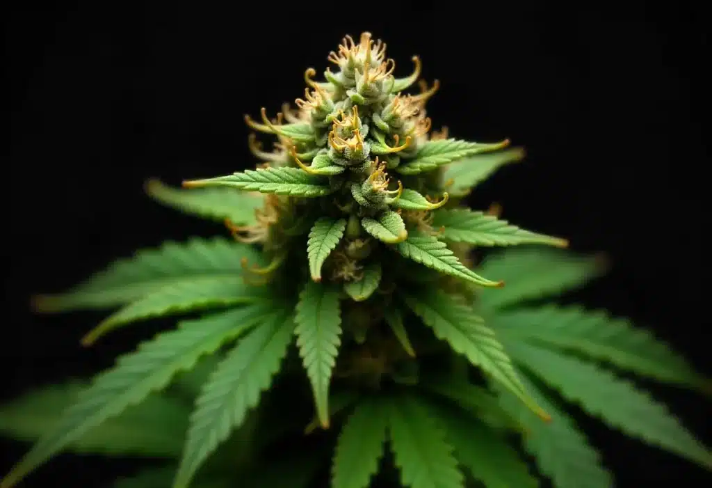 Early Skunk x Cinderella 99 cannabis bud with trichomes.