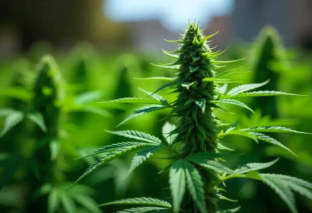 Early Skunk x Cinderella 99 thriving outdoors, known for its resilience, high THC levels and balanced effects for experienced cannabis enthusiasts.