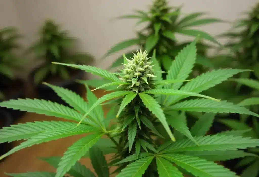 Early Skunk x Northern Lights cannabis plant in early flowering indoors.