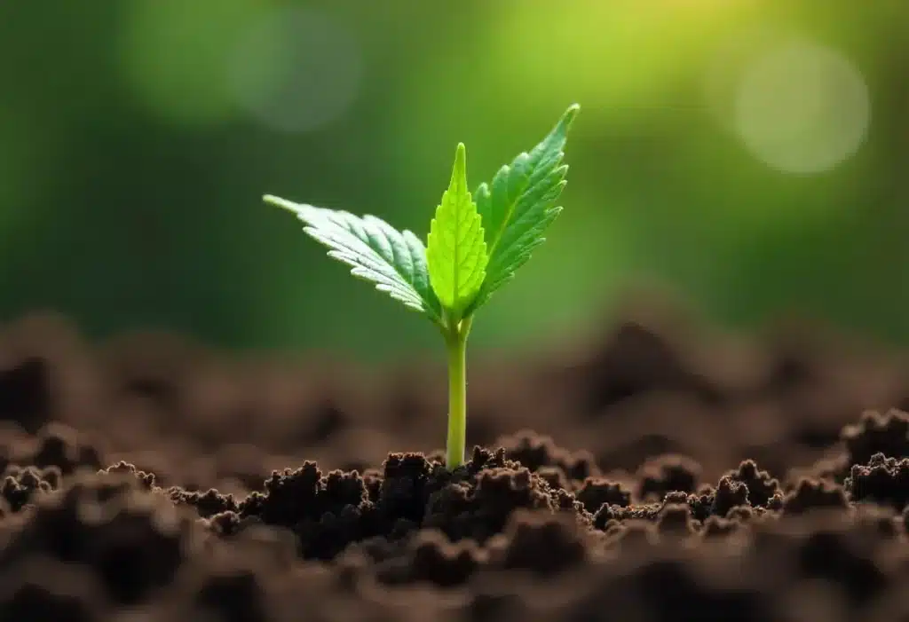 Early Skunk x Rosetta Stone sprout growing strong in fertile soil. A promising hybrid strain ideal for indoor and outdoor cultivation projects.