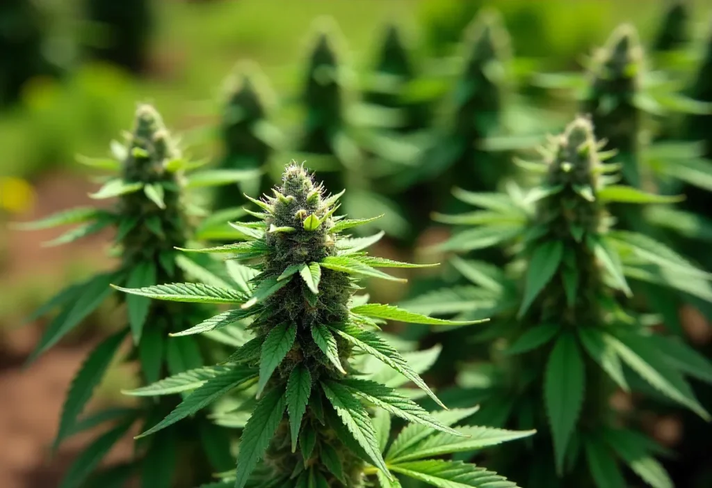 Early Skunk x Rosetta Stone cannabis plant in flowering stage outdoors.