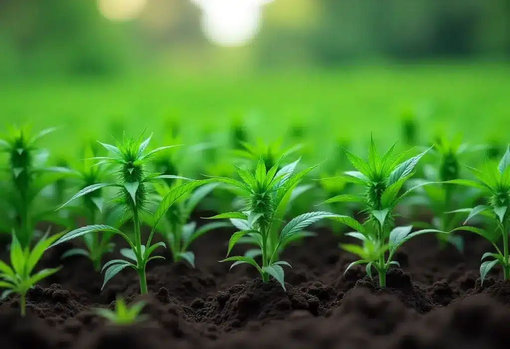 Frosted Guava Auto seedlings thriving in rich outdoor soil.