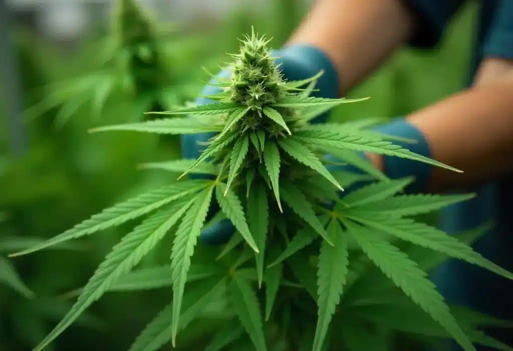 Exodus Cheese plant with resinous buds and healthy green leaves.