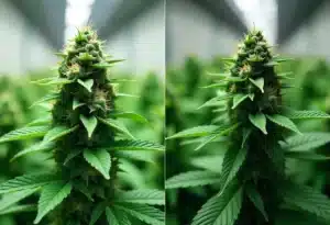 Exodus Cheese x Blue Head Band cannabis plant with dense buds indoors.