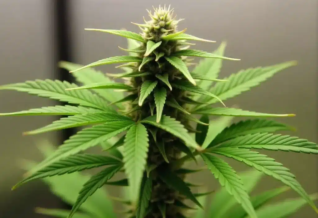 Fire Kush Auto nearing bloom phase, forming resin-rich buds. A perfect choice for fast harvests and potent THC content in compact autoflowering format.