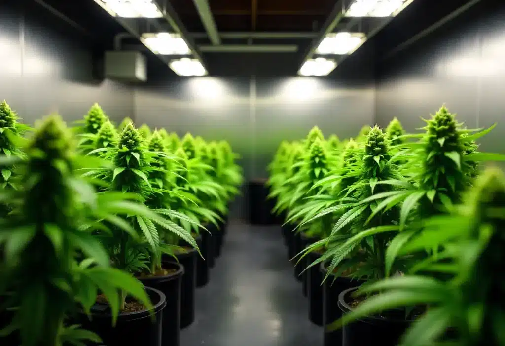 Fire OG thriving in a controlled indoor environment with LED lights, maximizing yield, resin production, and potency in every plant.