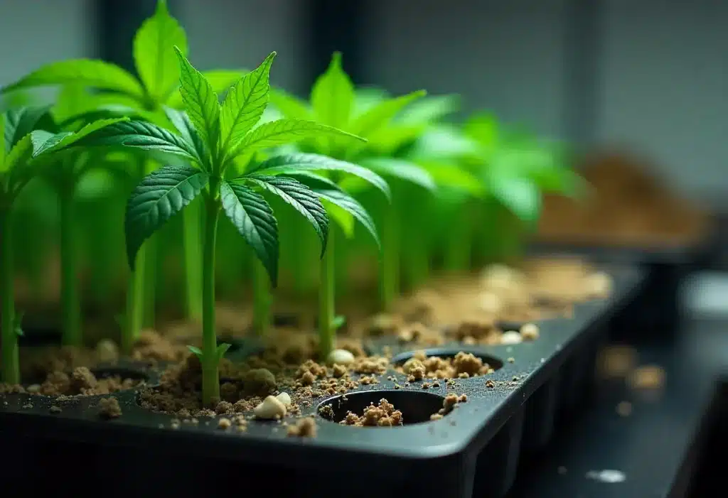 Healthy Forbidden Zkittlez seedlings sprouting under ideal indoor conditions for successful germination and strong vegetative growth.