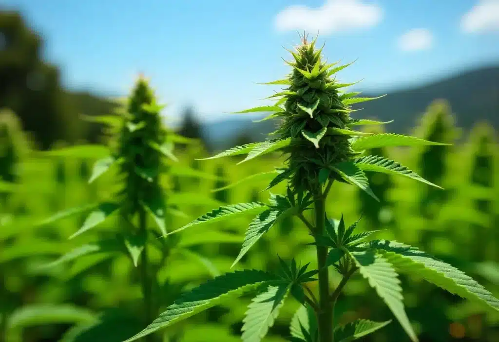 Outdoor-grown Fro-Yo Auto showing early bud formation under the sun. This strain thrives in full light and produces frosty, compact flowers quickly.
