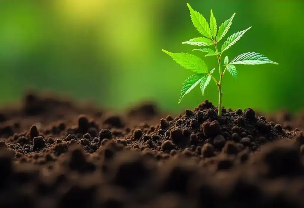 A healthy Frosted Guava Auto seedling breaking through soil in open-air cultivation.