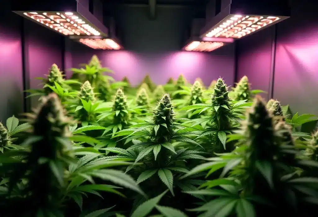 Frosted Guava cannabis plants in a high-efficiency indoor grow room under purple LED lights, showcasing dense and resin-coated colas.