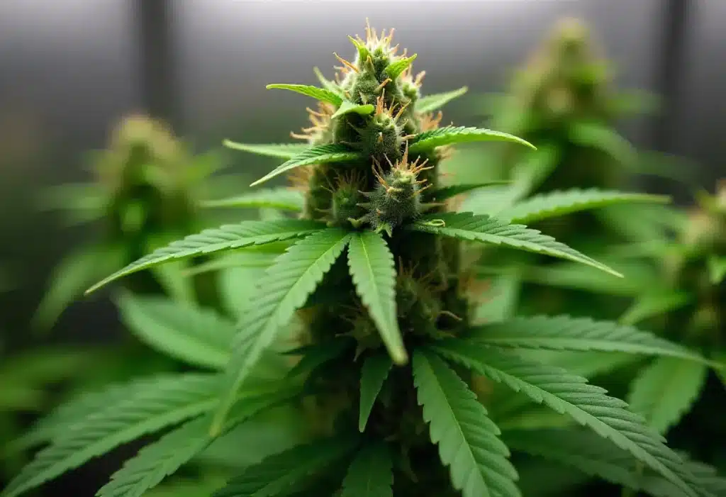 Indoor G13 x OG Kush showing thick resinous buds and vibrant orange pistils. Optimized under LED grow lights. Compact and high-yielding structure.