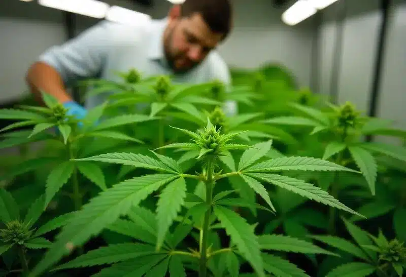 Girl Scout Cookies x Cheese plants thrive indoors with dense foliage and promising bud development under professional care.