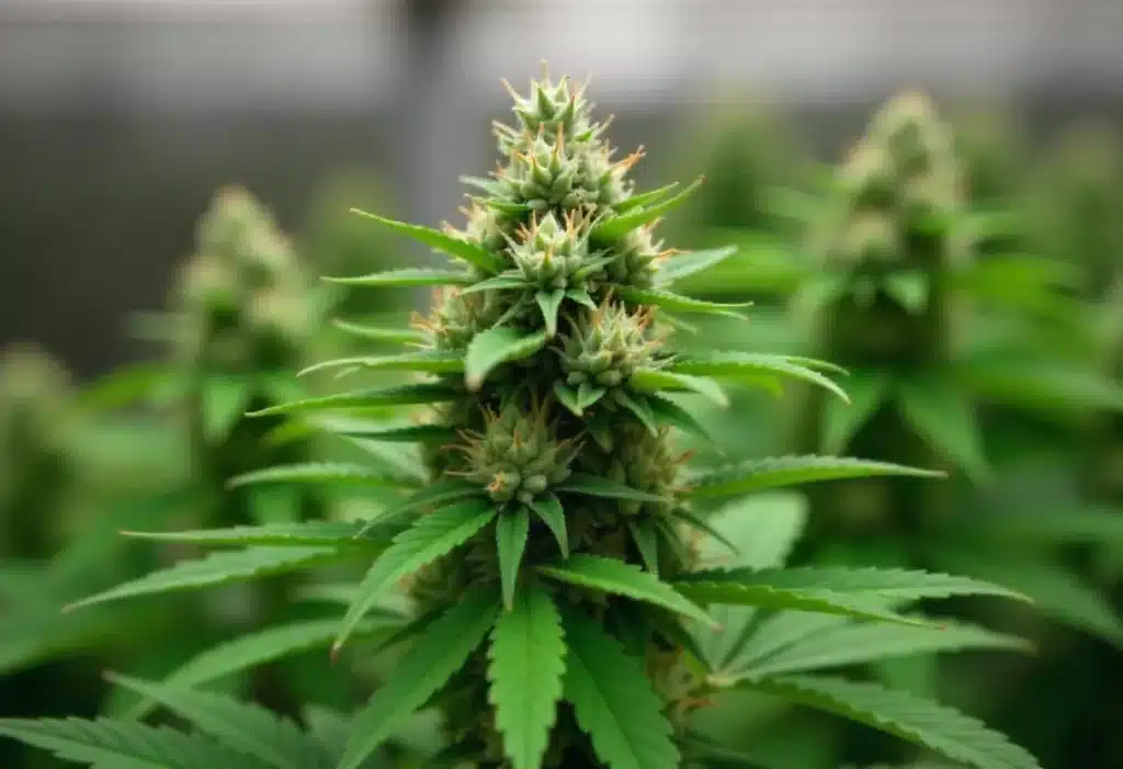 A God’s Gift cannabis bud showing dense formation and abundant trichomes, perfect for high-potency indica lovers.